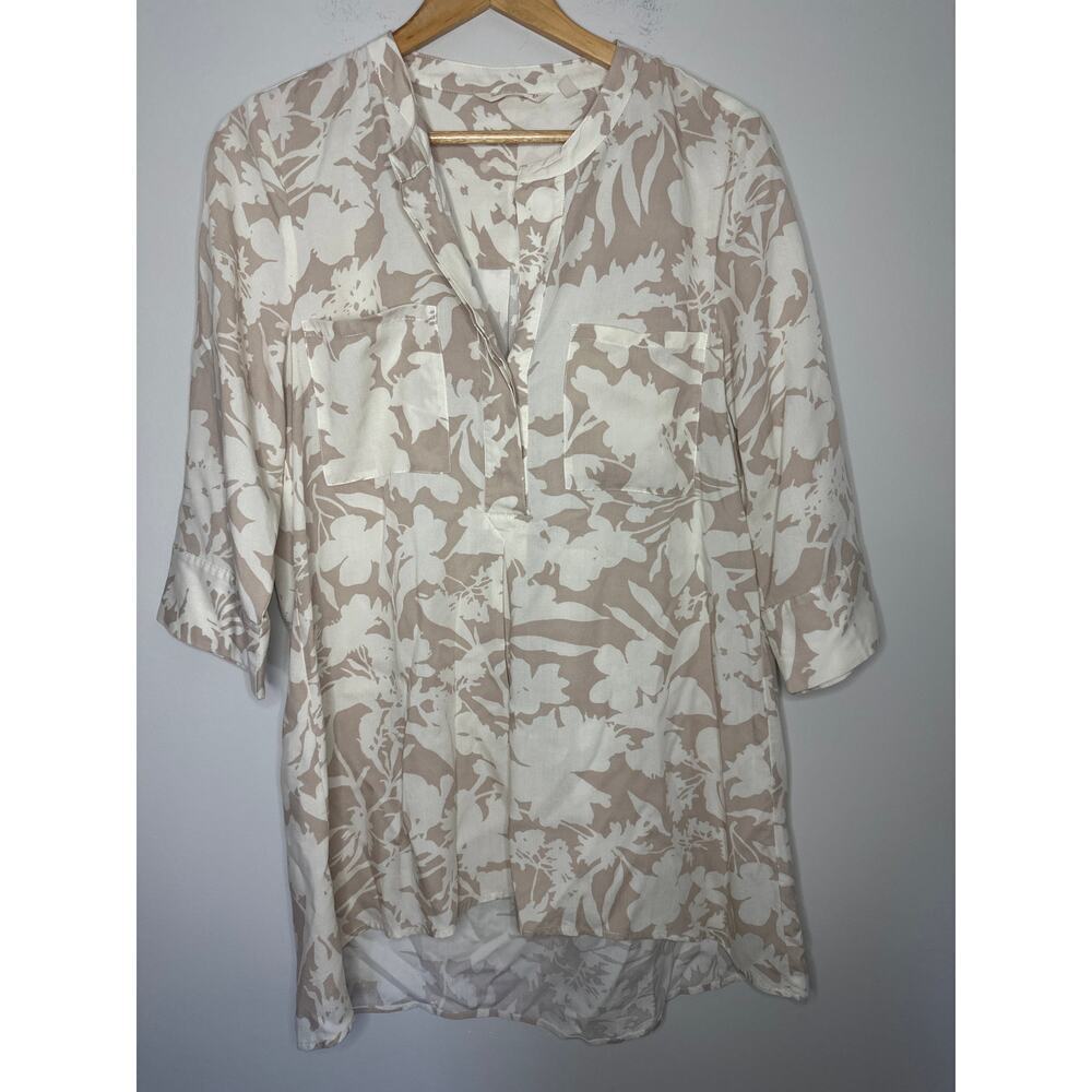 Soft Surroundings Roselyn Tencel Tunic 3/4 Sleeve Floral Print‎ Tan/Cream Size M